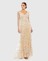 Beige Embroidered V Neck Long Sleeve Trumpet Gown